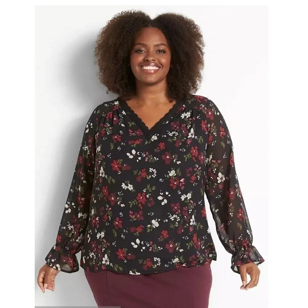 Lane Bryant Black Floral Long Sleeve V-Neck Blouse Women's Size 28